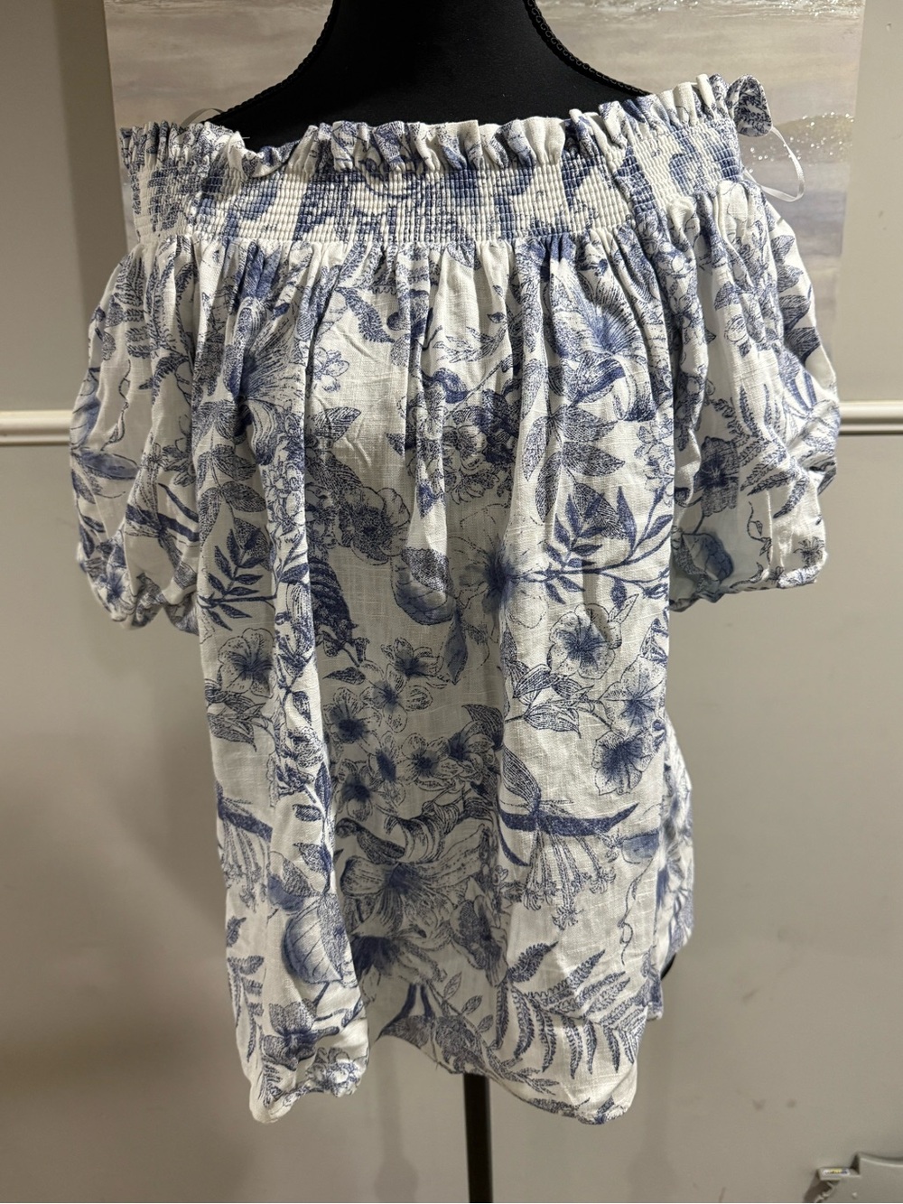 CeCe Blue and White Off-Shoulder Floral Blouse